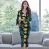 autumn and winter Korean ladies temperament V-neck slim long skirt fashion print bag hip dress women 210520