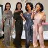 Laser paljetter sexiga breda ben jumpsuit kvinnor axel lutning rash plus size rompers elegant kort ärm lösa lamer jumpsuits c9rq#