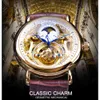 Forsining Montre de luxe en or blanc Affichage en cuir marron Phase de lune Mode Bleu Main Squelette Étanche Hommes Montres Mécaniques Automatiques