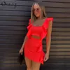 OMSJ Neon Pink Grün Orange Rüschenkleid Sommer Casual Outfit Zweiteiliges Crop Top Mini Fashion Night Club Set 210517