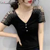 Kadınlar Beyaz Kıvrımlar-Ön Kısa Kollu Tops Yaz Parlak Elmas Teeshirt Rahat Cut-Out V Yaka T-Shirt Pamuk T03603B 210421