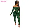 Adogirl Letters Print Sheer Mesh Two Piece Set Women Sexy Off Shoulder Long Finger Sleeve Bodysuit + Pencil Pants Sexy Club Suit Y0625