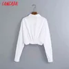 Kvinnor Bow White Crop Shirts Tunika Långärmad Solid Slå ner Krage Kort Blusar 6Z78 210416
