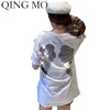 T-shirt da donna Qing MO Black White Women Donne ala stampata T Shirt 2021 Summer Strass Femmina Lettera Plus Size ZQY3753