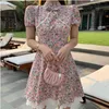 Chinês feminino impressão vestido elegante slim qipao mandarim colar vintage cheongsam vestidos sexy patchwork formal 210529