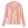 Autumn Blouse Long Sleeve Lace Shirts For Women White And Pink Tops Stand Solid Spliced Plus Size 6753 50 210415