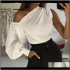 Bluzlar Bayan Giyim Giyim Damla Teslimat 2021 Kadınlar Seksi Bir Omuz Beyaz Bluz Şişi Yaka Fener Kollu Düzensiz Gömlek Kadın