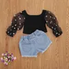 1-6Y Toddler Baby Kid Girls Clothes Set Autumn Spring Long Sleeve Lace Puff T shirt Denim Shorts Outfits 210515