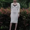 Runway Designer Celebrity Style Knitting White Slim Bodycon Midi Sukienka Dla Kobiet Jesień Zima Koronki Sukienki Szata Vestidos 210421