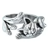 Vintage Unisex Sleeping Cats Silver Plated Otwarcie Palec Pierścień Biżuteria Prezent Unikalne Stylowe Mężczyźni Kobiety