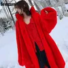 Nerazzurri特大の赤の厚い暖かい柔らかいふわふわのFauxの毛皮のコートの女性ラグランの長袖の長い毛皮のコート女性のための冬のための冬のコート211122