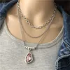 Designer Necklace Luxury Jewelry Anslow Fashion Antique Silver Multilayer Chain Irregular Crystal Pendant Choker For Women Femme Gift LOW002