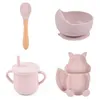 4 Pcs Baby Silicone Squirrel Divided Dinner Plate Sucker Bowl Spoon Straw Cup G1210