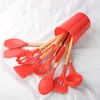 New12 Piece Narzędzia kuchenne Żel krzemionkowy Zestaw Urządzenie kuchenne Uchwyt z drewna Uchwyt Non-Stick Gotowanie Spatula Spoon Clip Cups Kuchnie Dostawy EWD7806