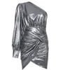 Automne Argent Grey PU Robe PU Sexy One Epaule Lanterne Sleeve Dossier Plissé Celebrity Party Vestidos 210527