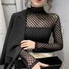 Haute élasticité Blouses femmes décontracté automne hiver Sexy haut col roulé dentelle Blouse point maille noir chemise 11437 210512