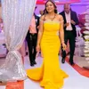 2021 Africano amarelo sereia de dama de honra vestidos fora do ombro longo com cristal cetim plus tamanho empregada de honra vestido personalizado vestidos de noite formal