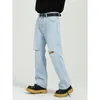 Trou en détresse de style coréen pour hommes pantalons jeans lavés droits mâle harajuku streetwear vintage hip hop denim pantalon