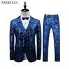 Blue Floral Bronzing Wedding Suits Men Nightclub DJ 3 Piece Suit (Jacket+Vest+Pants) Stage Singer Tuxedo Dress Suit Men Costumes 210524
