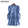 Women Chic Fashion Hollow Out Embroidery Mini Dress Vintage High Neck Puff Sleeve Female Dresses Vestidos Mujer 210416