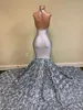 Real image Mermaid Silver Evening Formal Dresses 2021 Halter Sparkly Lace Sequins 3D Rose Floral Long Train Backless Prom Gowns234F