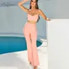 Summer Ladies Two-Piece Wide Leg Pants Celebrity Party Sexy Bodycon Sleeveless Italian Pink High Waist Trousers 210527