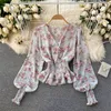 Elegant retro sweet gentle floral blouse women shirt cross V-neck tops puff sleeve elastic waist 210420