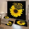 Sunflower Pattern Shower Curtain set Toilet Cover Rug Carpets Non-slip Kitchen Bath Mat Wooden Board Bathroom Set Decoration 210609