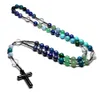Natur Lapis Lazuli Mala Pärlor Kors Katolska Kristiga Rosary Halsband Hematit Hängsmycke Halsband för kvinnor och män 210721