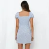 beach short dress puff sleeve ruffle summer women lace up blue es vintage elastic tunic mini 210427