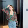 NEPLOE vierkante kraag sleutelbeen blootgesteld sexy brei cardigans trui vintage print lange mouw pull femme jas slim fit Suiner 210423