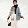 Oversized European Blue Overcoat Female Clothing Spring Letter Print Women Plaid Stitching Jeans Plus Size Coats 210510