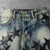 Jeans masculinos high street estrela de couro colagem knee faca corte buraco retro feita leggings magro