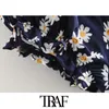 Traf Women Chic Fashion Floral Print Lace-Up Mini Dress Vintage Slash Neck Side Zipper Vrouwelijke jurken Vestidos Mujer 210415