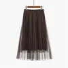 夏の女性チュールスカートプリーツのスカート黒のハイハイウエストミディスカート薄いシフォンメッシュヤーンルーズロングスカート女性210419