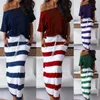 Casual Dresses Women Summer Sexy One Shoulder Stripes Drawstring Pockets Bodycon Long Dress