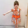 Menina do verão crianças vestido de flor azul chifon vestidos de princesa para meninas bebê laranja elegância infantil roupas q0716
