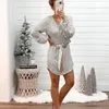 Robes décontractées Muiches Sexy Paillettes Robe de soirée Femmes Lanterne Manches O-Cou Flanelle Ceintures Mini Noël Brillant Mode