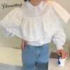 Yitimuceng, blusa de retazos para mujer, Tops de botones de gran tamaño, moda coreana, manga larga, azul cielo, camisa blanca, Primavera Verano 210601