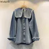 Denim Shirts for Women Spring Peter Pan Collar Long Sleeve Simple Blouse Korean Loose Elegant Oversize Jean Tops 210519