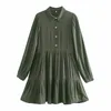 Vintage 100% Bawełna Zielony Ruffles Sukienka Sweet Damska Boho Styl Mini Sukienki Elegancki Przycisk Solid Vestidos Femme Robe 210521