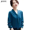 Marynarka wojenna Blue Shirt Kobiety Moda V Neck Design Wiosna Z Długim Rękawem Casual Satin Bluzki Biuro Panie Formalne Prace Luźne Top 210604