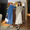 Осенью и зимняя элегантная синяя женская платье сплавного платья сплошной цвет с длинным рукавом Maxi Корейская одежда 210514