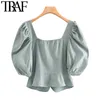 Traf Women Mode Button-Up bijgesneden Blouses Vintage V Neck Puff Sleeve vrouwelijke shirts blusas chic tops 210415