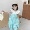 Girls' Jumpsuit Elastic Doll Collar Plaid One-Shoulder Sleeveless Trousers Fresh Summer Children'S Wear Clothing 210625