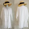 Beach Caftan Dress Cover-ups White Cotton Tunic For Women Pareo Swimsuit Cover up Sexy wear #Q766 210420