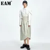 [EAM] Hoge taille grijs gesplitste geplooid lange sjerpen asymmetrische halve lichaam rok vrouwen mode lente herfst 1DD7296 21512