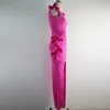 Omsj elegante festa sexy néon rosa bodycon dress vintage profundo decote em v mulheres mangas longas longas ruffles maxi 210517