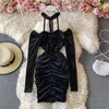 Women's Winter Dress Pleated Halter Neck Strapless Folds Slim Velvet Sexy Nightclub Hip Female Mini Vestios C011 210507