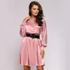 Moda donna mini abito in raso rosa casual o-collo manica lanterna abito dritto allentato liscio elegante abito da festa solido autunno 210412